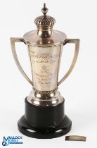 Royal Household Golf Club Hallmarked Silver Trophy twin handled with cover on black bakelite plinth,