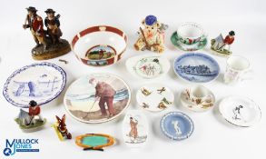 Golf Collectibles Ceramic Golf Theme China, to include 3 modern Staffordshire gold figures Foley