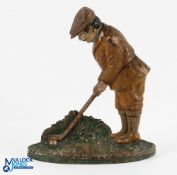 Original Cast Iron Golfing Figure Doorstop - original paintwork in period clothing mounted on a