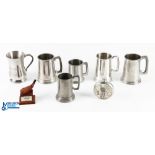 Golf Tankards & Flask - one tankard is marked FTBA N Lancs golf, a pewter flask with golf scene to