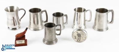 Golf Tankards & Flask - one tankard is marked FTBA N Lancs golf, a pewter flask with golf scene to