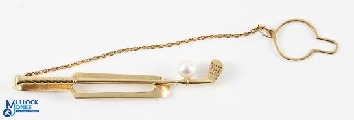 Mikimoto, Tokyo 14K Gold and Pearl Golf Tie Clip with safety chain and loop, marked to rear Mikimoto