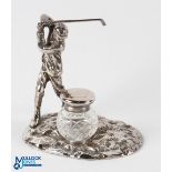 Cast Plated White Metal Golfer Design Ink Stand having a standing golfer holding a detachable club
