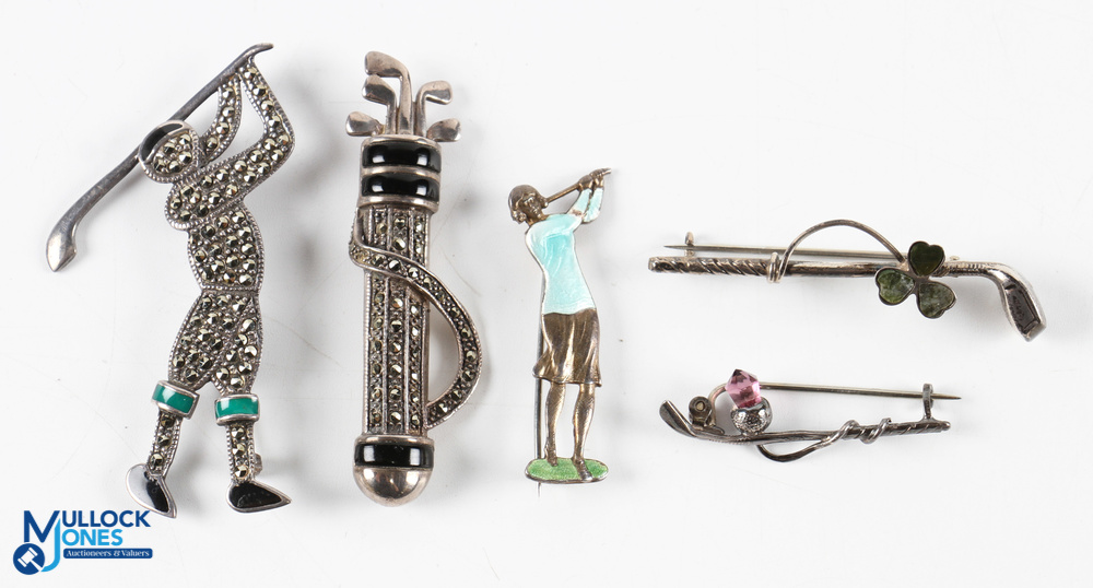 5x Silver Golf Brooches - including 2 marcasite examples, one of a golfer and the other of a golf