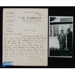 1936 Harry Vardon handwritten letter and photograph dated Nov 3rd 1936 - on official H Vardon Golf