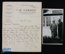 1936 Harry Vardon handwritten letter and photograph dated Nov 3rd 1936 - on official H Vardon Golf