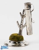 Silver Novelty Golf Bag Hat Pin Stand and Ring Tree worn Birmingham hallmark, on silver rimed pin