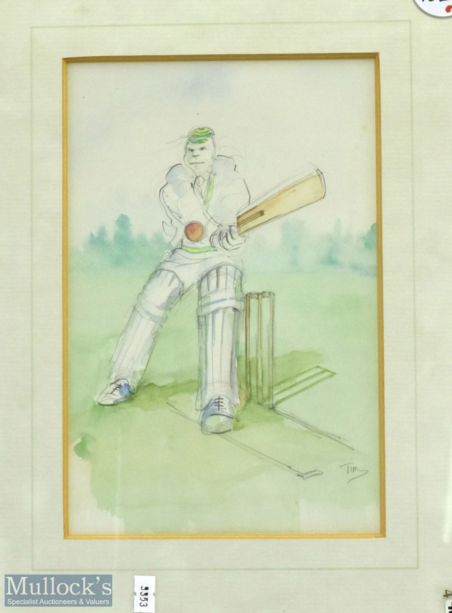 Cricket Batsman in Motion Pencil Drawing with colour wash signed Tim, framed, and mounted under