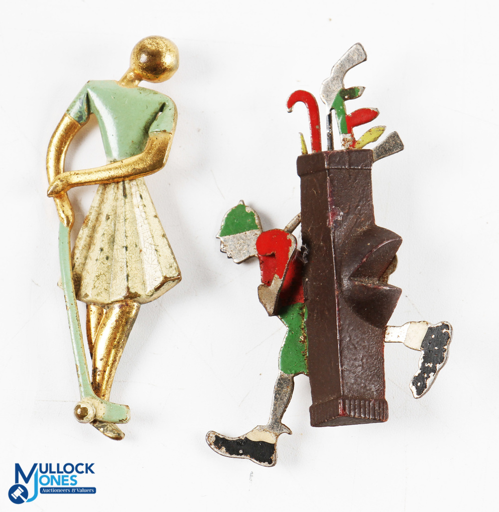 2x Ladies Golfing Brooches - art nouveau metal and enamel lady golfer and a metal caddy figure