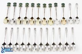 24x Silver Golfing Teaspoons - including 10 enamelled OFGS spoons, and 14 Walker & Hall spoons