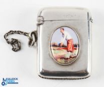 Edwardian Hallmarked silver and enamel Vesta Case having enamel roundel to front depicting a golfer,