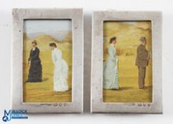 Pair of Victorian Miniature Silver Portrait Frames c1893 mounted with colour period golfing prints -