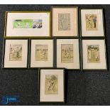 6x Hand Coloured 'Punch' Cricket Prints with How Fast Bowlers are Made, and other comedy prints, all