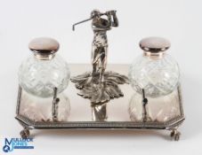 Silver Plated Female Golfer Design Inkwell Desk Stand having a central standing female golfer