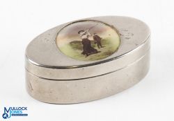 Vic period silver plated lady golfer oval pill box with inlaid celluloid colour golfing scene of