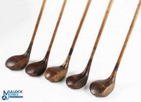 5x Assorted woods to incl S Trapp special brassey, H McDowall driver, W Hyatt small head driver,