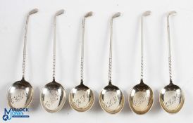 Set of 6x early 20thc Silver Golfing Teaspoons - with fine golf club stems and bowls engraved CLGC -