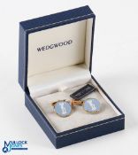 Fine Pair of Wedgwood Blue and White Ceramic Golfing Cufflinks - mounted in gilt stamped Wedgwood