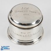 Edwardian Hallmarked Silver Inkwell Engraved 'AGC Captain's Prize 1902' to lid and inscribed to body