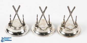 3x Edwardian Hallmarked Silver Golfing Menu Holders each having crossed club fronts with stylised