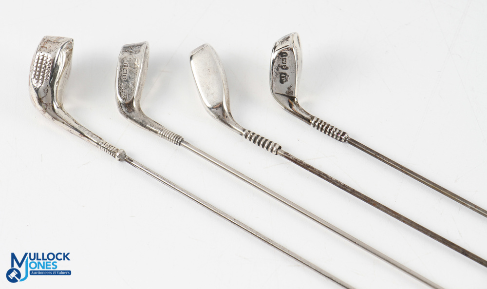 4x Golfing Hat Pins - all having golf club design ends, all hallmarked, longest 27cm