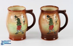 Royal Doulton Queensware Golfing Tankards (2) - both 14.5cm high with makers backstamps to base,
