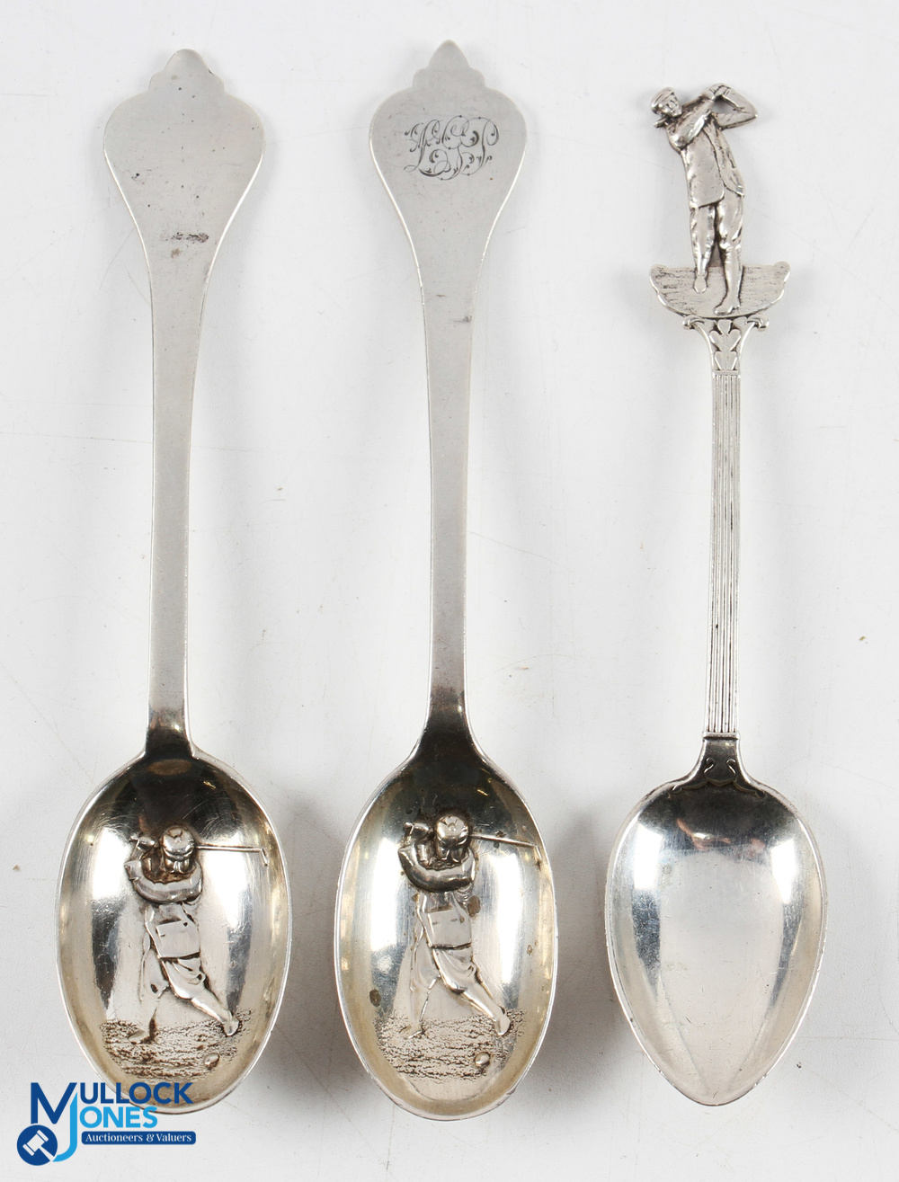 3x Interesting 1920/30s Silver Golfing Teaspoons - pair with embossed Victorian Style Golfers to the