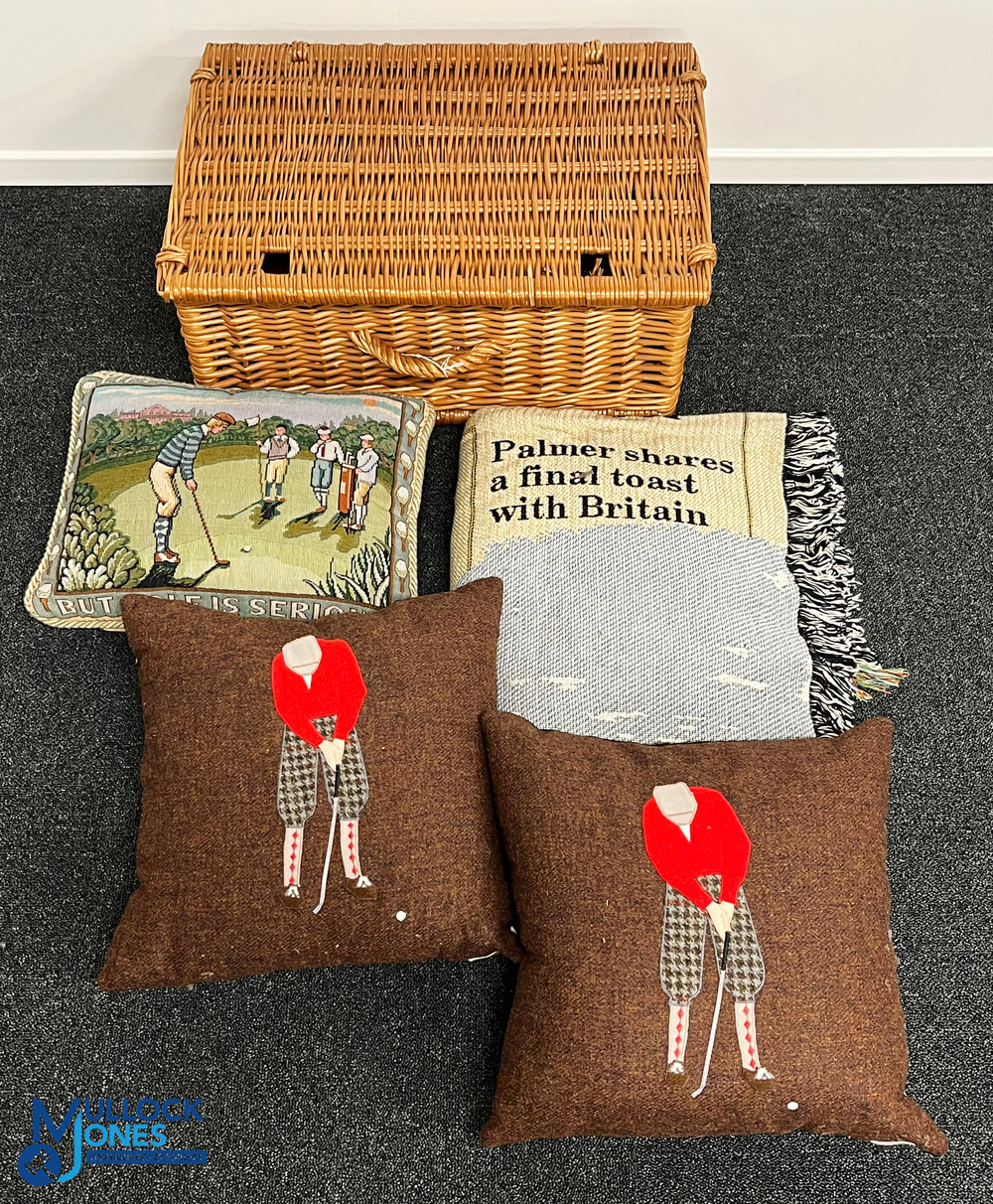 3x Themed Golf Cushions Plus an Arnold Plamer Bids Fairwell Throw Open Championship St Andrews