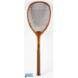 c1890 Jaques London Falt Head Tennis Racket, with makers mark on convex throat, 14oz with some