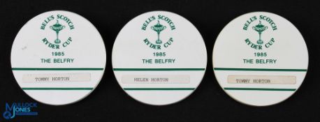 1985 Bells Scotch Ryder Cup The Belfry Golf Official Name Badges - made by Fattorini and issued to