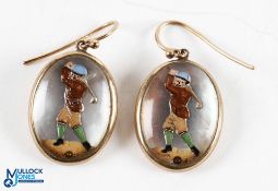 Pair of Essex Crystal Golfing Oval Earrings set in yellow metal featuring two period golfers -