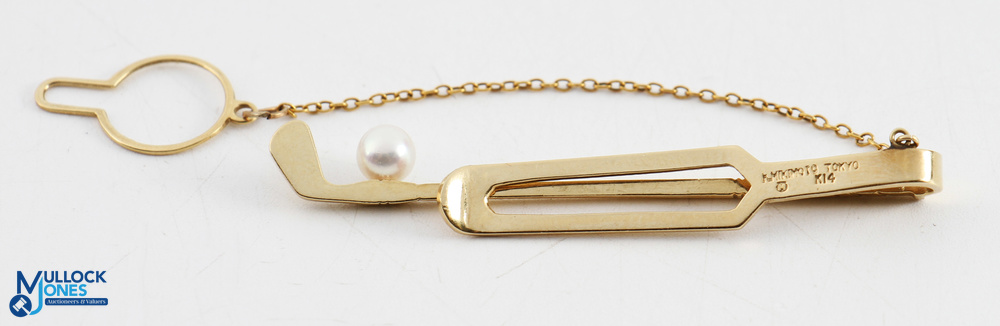 Mikimoto, Tokyo 14K Gold and Pearl Golf Tie Clip with safety chain and loop, marked to rear Mikimoto - Image 2 of 2