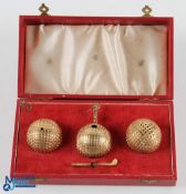 Fine Gilt Guttie Golf Ball Cruet Set in the original makers box- comprising salt, pepper and mustard