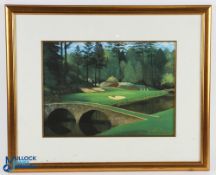 G N Holton Signed colour Golf Print of Augusta National Golf Course Famous Green at Hole No.11 White