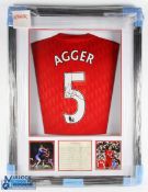 Agger signed Liverpool FC home replica football shirt in red, signed to the reverse, Coutinho No 5