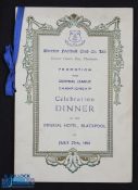 1954 Everton Celebration Dinner menu for Promotion and Central League championship held at