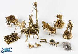 Vintage Brass Figures, a collection to include a miner, mounted cowboy, horse & cart, lamp