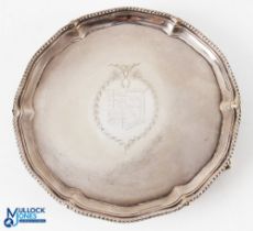 George II Crest Engraved Silver Waiter by John Cart II 1773 shaped beaded rim with central
