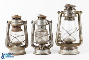 3x Period Galvanised Hurricane Oil Lamps, 2 made in China by Wang and the largest made by Gremlin #