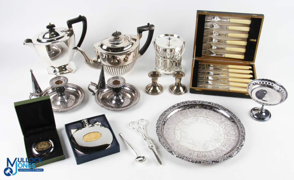 Mixed Collection of Silver Plated Items - including tea pot, water pot, pair of chambersticks, dwarf