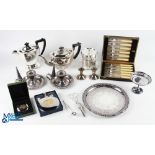 Mixed Collection of Silver Plated Items - including tea pot, water pot, pair of chambersticks, dwarf