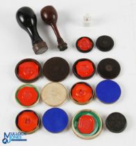 A collection of wax seal stamps, possibly for signet rings, the seals with crests depicting