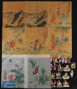 c1940 Chinese Silk Paintings a collection of 9 paintings sized 19cm x 23.5cm, 2x botanical paintings