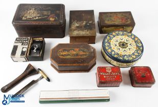 Mixed Collectables, to include period collectors tins, an antique cheese plug tool in leather wallet