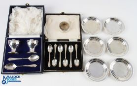 Mixed Hallmarked Silver Items - including 6x small round dishes, Birmingham 1971, cased Mappin &