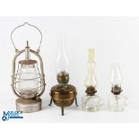 4x Period Oil Lamp Kerosene Burnes, to include a Vertas storm lantern 2 clear glass oil lamps, a