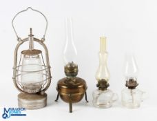 4x Period Oil Lamp Kerosene Burnes, to include a Vertas storm lantern 2 clear glass oil lamps, a