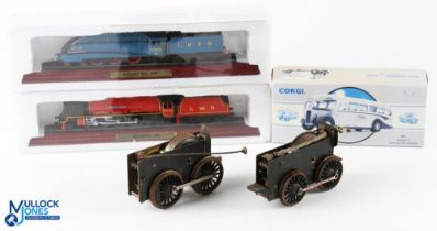 2x O Gauge Bassett Lowke Clockwork Motors, with Atlas models of Mallard and Duchess LMS, and a Corgi