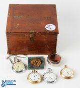 Wooden box of Fob Pocket Watch - to include a brass Smiths Empire watch working, Limit No.2 chrome