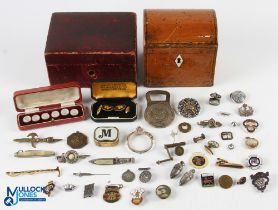 2x Wooden Box of Enamel Badges Collectables, a domed top tea caddy with contents of British Legion